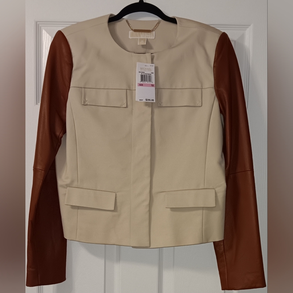 Michael Kors Women's Sz 10 Cropped  Jacket With Sheep Leather Sleeves-NWT$295